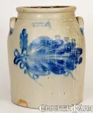 Evan R. Jones, Fine EVAN R. JONES / PITTSTON, PA 4 Gal. Stoneware Jar w/ Elaborate Leaf Decoration