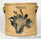 Fine Four-Gallon COWDEN & WILCOX / HARRISBURG, PA Crock w/ Elaborate Decoration by Cowden & Wilcox, circa 1865, Stoneware, sold Aug 2022