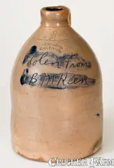 Wm. Rooker, Extremely Rare WM. ROOKER /EASTON Stoneware Jug Inscribed "Stolen From H. B. McKeen", late 19th century, Stoneware