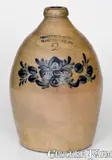 Fine COWDEN & WILCOX / HARRISBURG, PA Stoneware Jug w/ Elaborate Floral Decoration by Cowden & Wilcox, circa 1865, Stoneware, sold Aug 2022