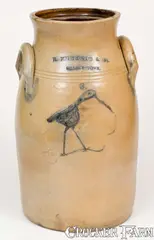 B. Edmands, Outstanding B. EDMANDS / CHARLESTOWN, MA Churn w/ Incised Whale and Shorebird Motifs, circa 1840, Stoneware