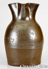 S. Stradley, Rare S. STRADLEY / LOGAN, OH Stoneware Pitcher w/ Impressed Stars: "Eat, Drink, + Be Merry", fourth quarter 19th century, Stoneware