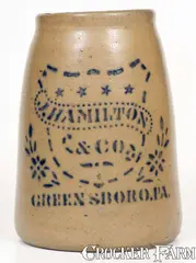 Large-Sized J. HAMILTON & CO. / GREENSBORO, PA Stoneware Canning Jar by J. Hamilton & Co., circa 1875, Stoneware, sold Aug 2022