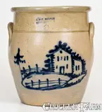 J. & E. NORTON / BENNINGTON, VT Stoneware Jar w/ House Decoration by J. & E. Norton, circa 1855, Stoneware, sold Aug 2022