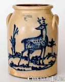 Rare Three-Gallon J. & E. NORTON / BENNINGTON, VT Stoneware Jar w/ Elaborate Cobalt Deer Scene by J. & E. Norton, circa 1855, Stoneware, sold Aug 2022