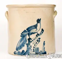 Riedinger & Caire, 5 Gal. RIEDINGER & CAIRE / POUGHKEEPSIE, NY Stoneware Crock w/ Elaborate Bird on Stump Decoration, circa 1870, Stoneware