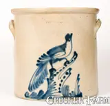 Riedinger & Caire, 5 Gal. RIEDINGER & CAIRE / POUGHKEEPSIE, NY Stoneware Crock w/ Elaborate Bird on Stump Decoration