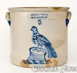 Exceptional COWDEN & WILCOX / HARRISBURG, PA Stoneware Crock w/ Elaborate Bird on Stump by Cowden & Wilcox, circa 1865, Stoneware, sold Apr 2022