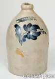 1 Gal. COWDEN & WILCOX / HARRISBURG, PA Stoneware Jug w/ Floral Decoration by Cowden & Wilcox, circa 1865, Stoneware, sold Apr 2022