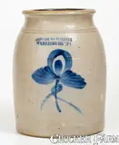 COWDEN & WILCOX / HARRISBURG, PA Stoneware Jar w/ Cobalt Floral Decoration by Cowden & Wilcox, circa 1865, Stoneware, sold Apr 2022