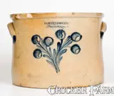 Rare COWDEN & WILCOX / HARRISBURG, PA Four-Gallon Stoneware Cake Crock w/ Berries Design by Cowden & Wilcox, circa 1865, Stoneware, sold Apr 2022