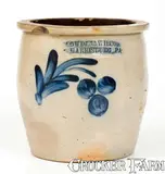 COWDEN & WILCOX / HARRISBURG, PA Stoneware Jar w/ Cobalt Cherries Decoration by Cowden & Wilcox, circa 1865, Stoneware, sold Apr 2022