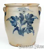 5 Gal. COWDEN & WILCOX / HARRISBURG, PA Stoneware Jar w/ Floral Decoration by Cowden & Wilcox, circa 1865, Stoneware, sold Apr 2022