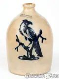 Exceptional J. & E. NORTON / BENNINGTON, VT Stoneware Jug w/ Pheasant-on-Stump Decoration by J. & E. Norton, circa 1855, Stoneware, sold Apr 2022