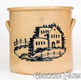 Scarce J. & E. NORTON / BENNINGTON, VT Stoneware Crock w/ Elaborate House Decoration by J. & E. Norton, circa 1855, Stoneware, sold Apr 2022