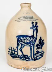 J. & E. Norton, Very Rare J. & E. NORTON / BENNINGTON, VT Stoneware Jug w/ Exceptional Slip-Trailed Standing Deer and CHERRY VALLEY, NY Advertising, circa 1855, Stoneware