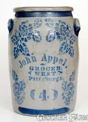 John Appel, Scarce 4 Gal. Western PA Stoneware Jar w/ "John Appel / Pittsburgh" Stenciled Advertising, circa 1875, Stoneware