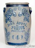John Appel, Scarce 4 Gal. Western PA Stoneware Jar w/ "John Appel / Pittsburgh" Stenciled Advertising, circa 1875, Stoneware