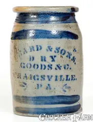 Leard & Sons, Rare LEARD & SONS / DRY GOODS / CRAIGSVILLE, PA Stoneware Advertising Jar, circa 1875, Stoneware