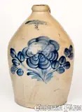 Fine Three-Gallon COWDEN & WILCOX / HARRISBURG, PA Stoneware Jug w/ Elaborate Decoration by Cowden & Wilcox, circa 1865, Stoneware, sold Apr 2022