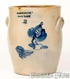 Wm E. Warner, 2 Gal. WM. E. WARNER / WEST TROY Stoneware Jar with Floral Decoration