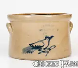Haxstun & Co., Scarce Six-Quart HAXSTUN & CO. / FORT EDWARD, N.Y. Stoneware Cake Crock w/ Bird Decoration, circa 1880, Stoneware