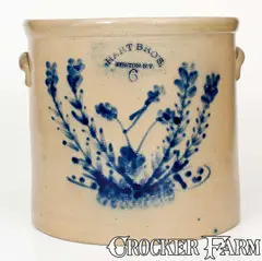 Hart Bro's, Unusual Six-Gallon HART BRO'S. / FULTON N.Y. Stoneware Crock w/ Elaborate Cobalt Floral Design, late 19th century, Stoneware