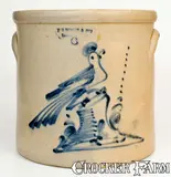 F. T. Wright & Son, Scarce Six-Gallon F. T. WRIGHT & SON / TAUNTON, MASS Stoneware Crock w/ Large Bird on Stump, circa 1875, Stoneware