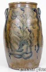 Higgins & Co, Rare HIGGINS & CO / CLEVELAND Ohio Six-Gallon Stoneware Churn w/ Profuse Decoration, circa 1840, Stoneware