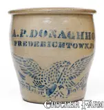 A.P. Donaghho, Fine A. P. DONAGHHO / FREDERICKTOWN, PA Stoneware Jar with Large Stenciled Eagle