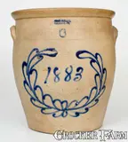 Evan R. Jones, Rare EVAN R. JONES / PITTSTON, PA Six-Gallon Stoneware Crock w/ Cobalt Wreath and 1883 Date
