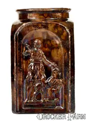 Juniata Pottery, Extremely Rare JUNIATA POTTERY / BY / G.M. MILLER Redware Jar w/ Figural Decoration, Newport, PA, mid 19th century, Redware