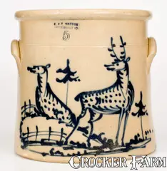 J. & E. Norton, Exceptional J. & E. NORTON / BENNINGTON, VT Stoneware Crock w/ Stag and Doe Scene, circa 1855, Stoneware