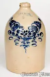 3 Gal. J. & E. NORTON / BENNINGTON, VT Stoneware Jug with Elaborate Slip-Trailed Design by J. & E. Norton, circa 1855, Stoneware, sold Aug 2021