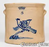 S. Hart & Son, Scarce 5 Gal. S. HART & SON / FULTON Stoneware Crock with Double Bird Decoration, circa 1875, Stoneware