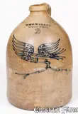 Wm E. Warner, 2 Gal. WM. E. WARNER / WEST TROY Stoneware Jug w/ Slip-Trailed Flying Eagle Decoration, circa 1855, Stoneware