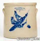 G. S. Guy & Co., 4 Gal. G. S. GUY & CO. / FORT EDWARD, NY Stoneware Crock w/ Double Bird Decoration, circa 1880, Stoneware