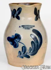 A. Standish, Rare A. STANDISH / TAUNTON, MASS. Stoneware Pitcher w/ Floral Decoration, mid 19th century, Stoneware