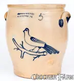 Exceptional 5 Gal. COWDEN & WILCOX / HARRISBURG, PA Stoneware Jar with Bird-on-Branch Design by Cowden & Wilcox, circa 1865, Stoneware, sold Aug 2021