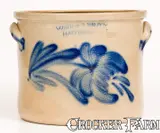 COWDEN & WILCOX / HARRISBURG, PA Stoneware Cake Crock w/ Large Floral Decoration by Cowden & Wilcox, circa 1865, Stoneware, sold Aug 2021