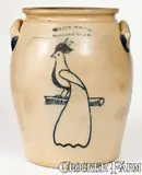 4 Gal. COWDEN & WILCOX / HARRISBURG, PA Stoneware Jar w/ Peacock Decoration by Cowden & Wilcox, circa 1865, Stoneware, sold Aug 2021