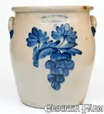 4 Gal. COWDEN & WILCOX / HARRISBURG, PA Stoneware Jar w/ Bold Grapes Decoration by Cowden & Wilcox, circa 1865, Stoneware, sold Aug 2021