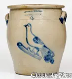 Rare Four-Gallon COWDEN & WILCOX / HARRISBURG, PA Stoneware Peacock Jar by Cowden & Wilcox, circa 1865, Stoneware, sold Aug 2021
