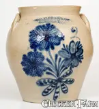 W. H. FARRAR & CO. / GEDDES, NY Stoneware Jar with Elaborate Floral Decoration by W.H. Farrar & Co., circa 1860, Stoneware, sold Aug 2021