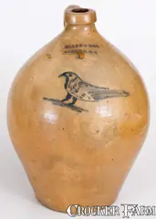 Clark & Fox, Rare 4 Gal. CLARK & FOX / ATHENS, NY Stoneware Jug with Bird Decoration, circa 1835, Stoneware