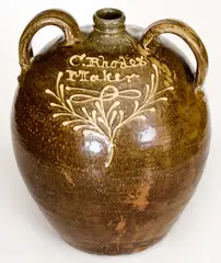 C Rhodes, Outstanding 5 Gal. "C. Rhodes / Maker" Double-Handled Stoneware Jug, Edgefield District, SC, c1850, c1850, Stoneware