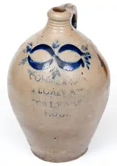 Fine One-Gallon COMMERAWS / STONEWARE / CORLEARS / HOOK Jug by Commeraw's Stoneware, circa 1805, Stoneware, sold Apr 2021