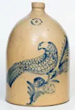 N Clark Jr, Exceptional 5 Gal. N. CLARK JR. / ATHENS, NY Stoneware Jug w/ Elaborate Bird Decoration, circa 1860, Stoneware