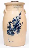 2 Gal. E. & L. P. NORTON / BENNINGTON, VT Stoneware Churn with Floral Decoration by E & L P Norton, circa 1870, Stoneware, sold Apr 2021