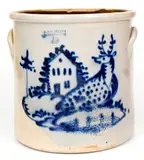 Rare 5 Gal. J & E. NORTON / BENNINGTON, VT Stoneware Crock w/ Elaborate Reclining Deer with House Design by J. & E. Norton, circa 1855, Stoneware, sold Apr 2021